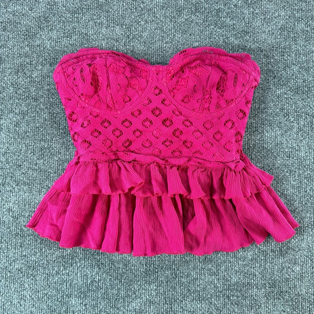 Justify Hot Pink Lace Bustier Strapless Ruffle Peplum Top Small Bubblegum‎ Fairy